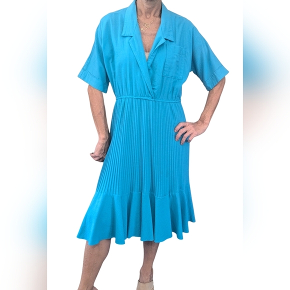 VINTAGE S.L. Petites Bold Color Pleated Pinup 80s Fashion Office Blouson Dress - Picture 1 of 7